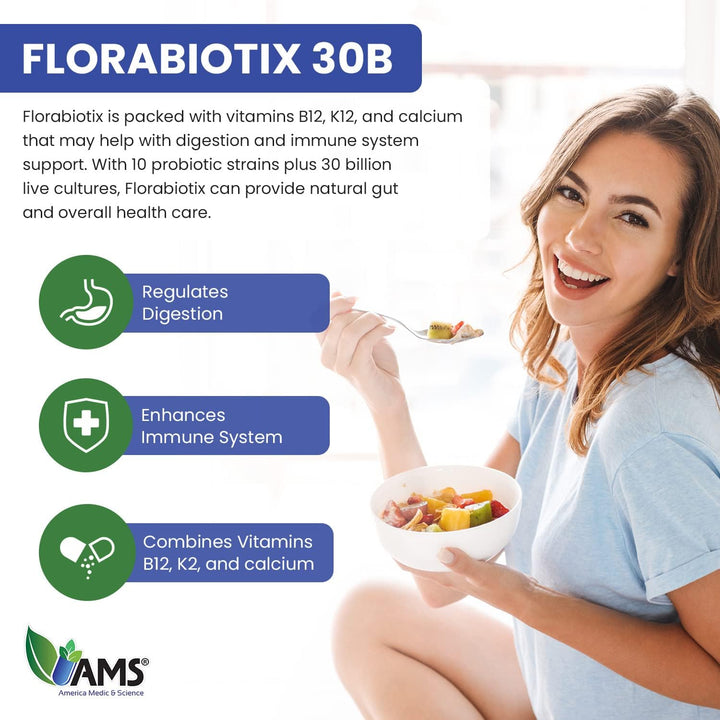 AMS  Florabiotix Probiotic 30 Billion Live Cultures 30 Capsules | إيه إم إس كبسولات بروبيوتيك لدعم الجهاز الهضمي - 30 كبسولة