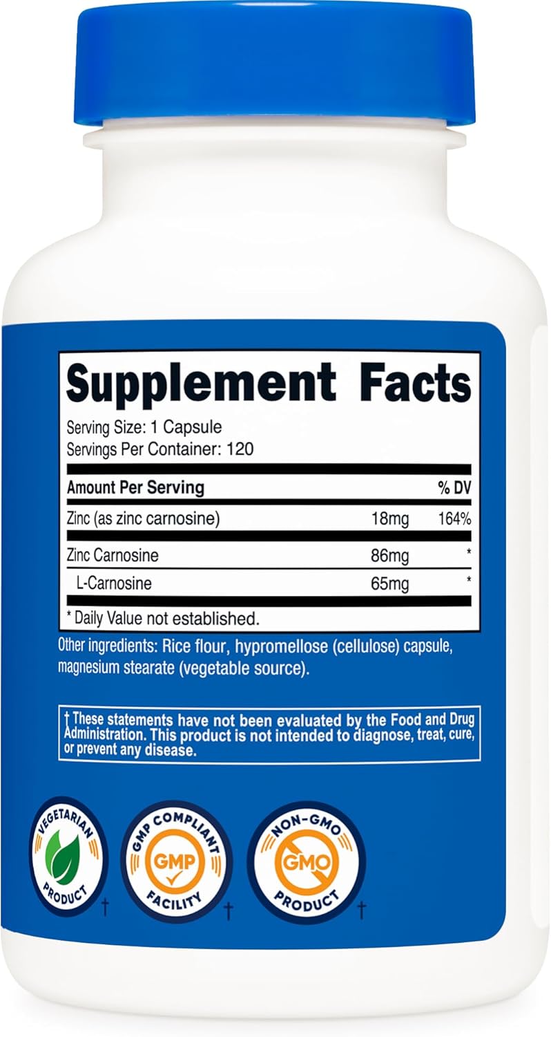 Nutricost Zinc Carnosine 86mg - 120 Capsules | نوتريكوست زنك كارنوسين 86 ملغ - 120 كبسولة