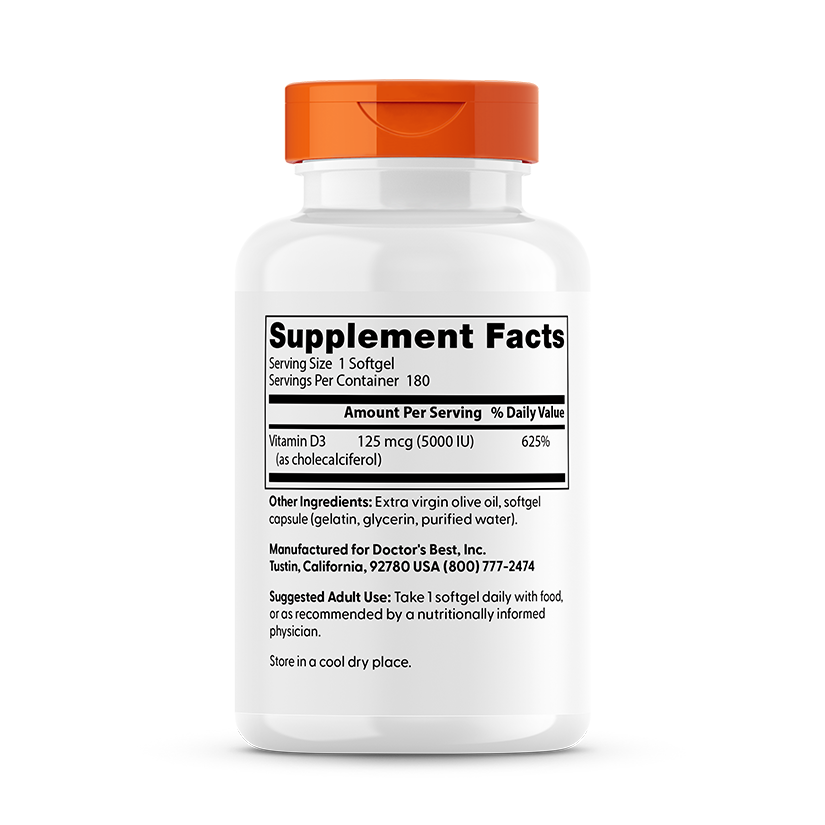Doctors Best Vitamin D3 5000 IU 125 mcg - 180 Softgels | دوكتورز بست فيتامين د3 5000 وحدة دولية - 180 سوفت جل #1