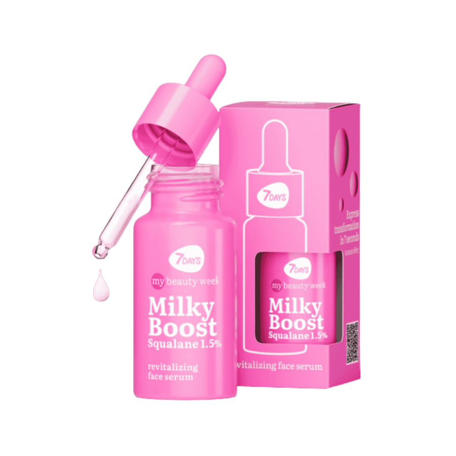 7 Days Milky Boost Squalane 1.5% revitalizing face serum in pink dropper bottle with box