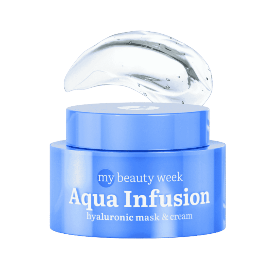 My Beauty Week Aqua Infusion hyaluronic mask and cream in blue jar with clear gel swatch