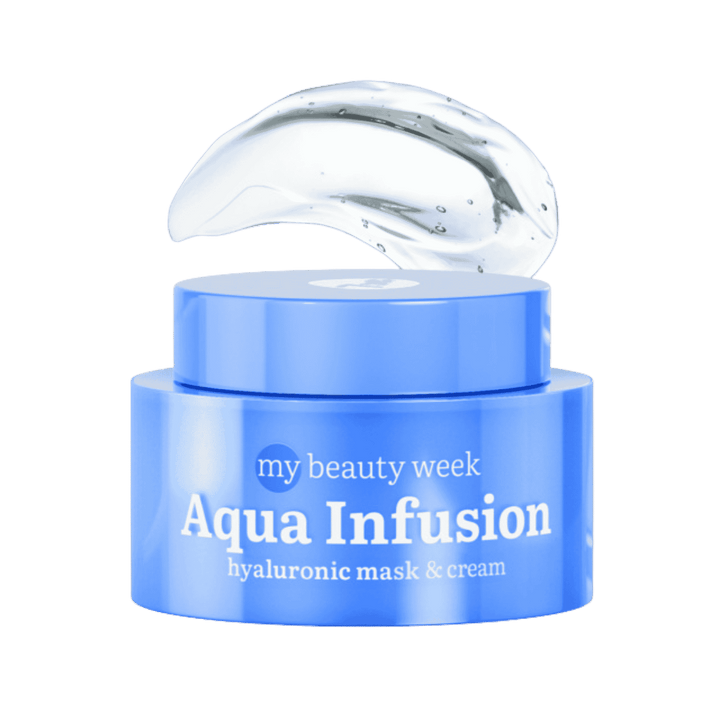 My Beauty Week Aqua Infusion hyaluronic mask and cream in blue jar with clear gel swatch
