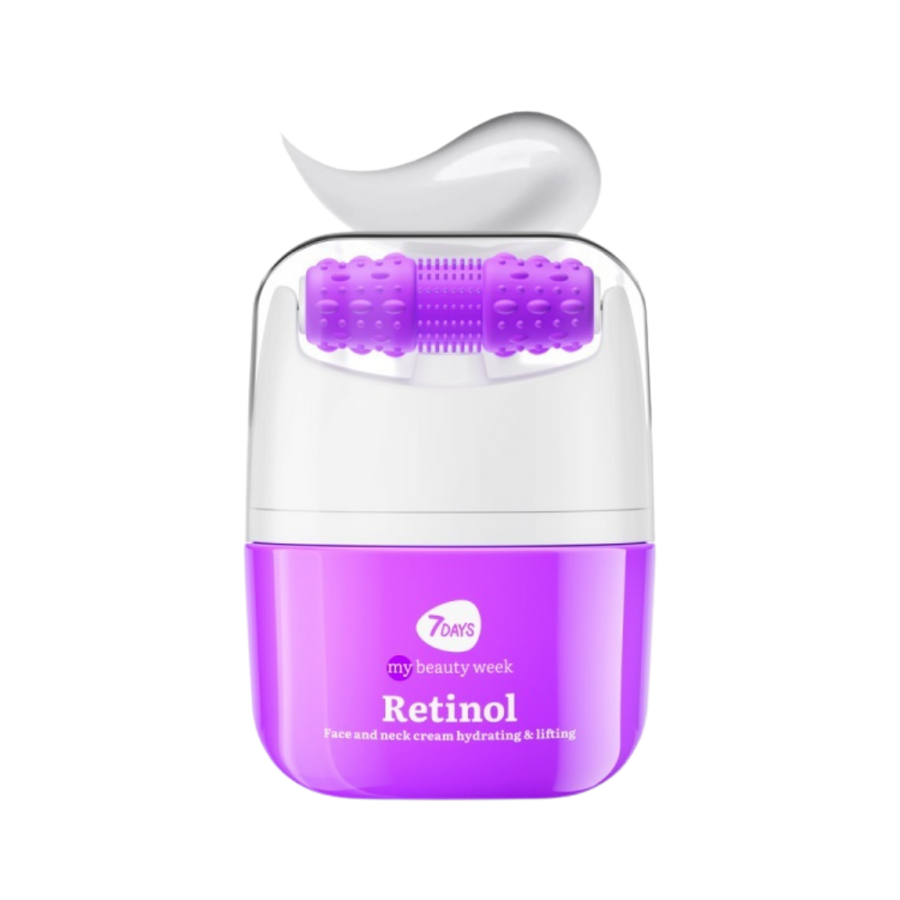 7DAYS Retinol V-Shaped Cream 40ml purple jar with built-in roller massager applicator