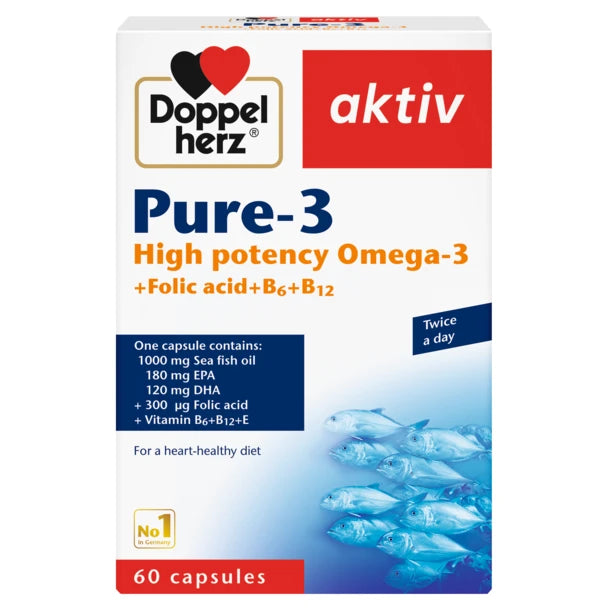Doppel herz aktiv Pure-3 high potency omega-3 60 capsules |دوبل هيرز أكتيف بيور-3 أوميجا-3 قوّة عالية + حمض الفوليك + ب6 + ب12 - 60 كبسولة