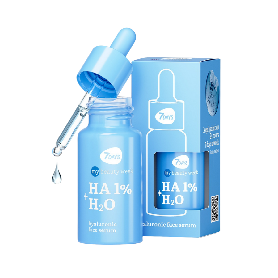 7 DAYS My Beauty Week HA 1% H2O hyaluronic face serum 20ml blue dropper bottle and box
