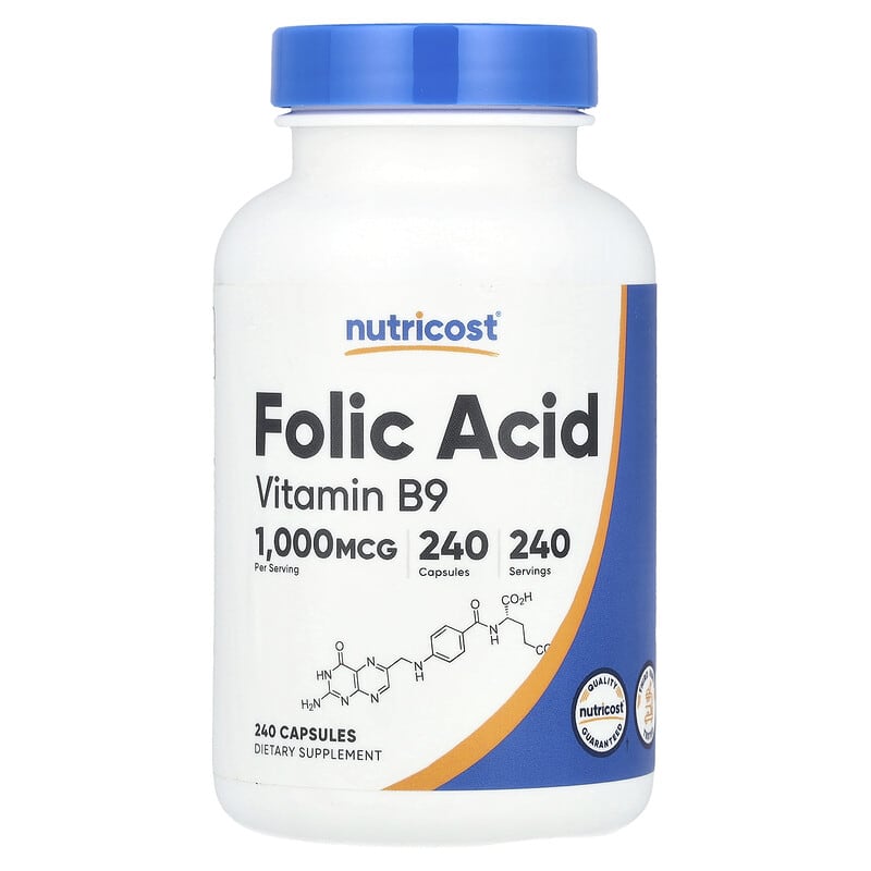 Nutricost Folic Acid Vitamin B9 1000 mcg - 240 Capsules | نيوتريكوست مكمل غذائي يحتوي على فيتامين ب9 و حمض الفوليم 1000 مكغ - 240 كبسولة