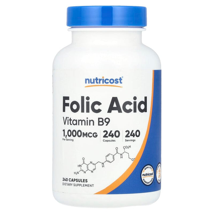 Nutricost Folic Acid Vitamin B9 1000 mcg - 240 Capsules | نيوتريكوست مكمل غذائي يحتوي على فيتامين ب9 و حمض الفوليم 1000 مكغ - 240 كبسولة