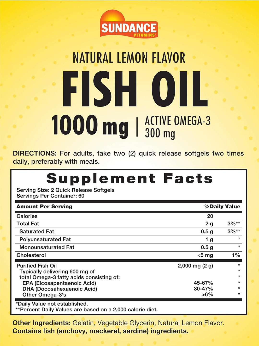 Sundance Fish Oil 1000mg with 300mg Active Omega-3 Natural Lemon Flavor - 120 Quick Release Softgels |ساندانس زيت السمك 1000 ملغ مع أوميغا 3 النشطة 300 ملغ بنكهة الليمون الطبيعية - 120 كبسولة هلامية سريعة التحرر