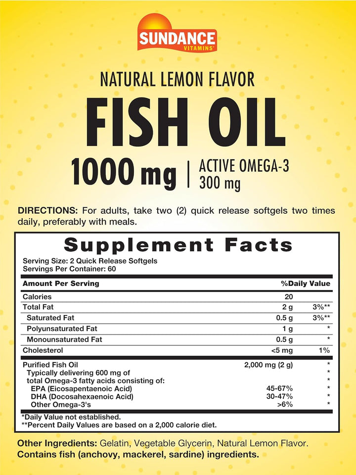 Sundance Fish Oil 1000mg with 300mg Active Omega-3 Natural Lemon Flavor - 120 Quick Release Softgels |ساندانس زيت السمك 1000 ملغ مع أوميغا 3 النشطة 300 ملغ بنكهة الليمون الطبيعية - 120 كبسولة هلامية سريعة التحرر