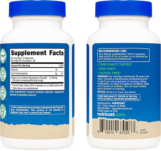 Nutricost Lion's Mane Mushroom 2100mg - 90 Capsules | نيوتريكوست مكمل فطر عرف الأسد العضوي 2100 ملغ - 90 كبسولة