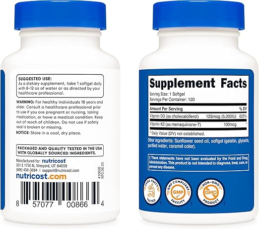 Nutricost, Vitamin K2 + Vitamin D3 - 120 Softgels | نيوتريكوست فيتامين ك2 + فيتامين د3 100 ملغ - 120 سوفت جل