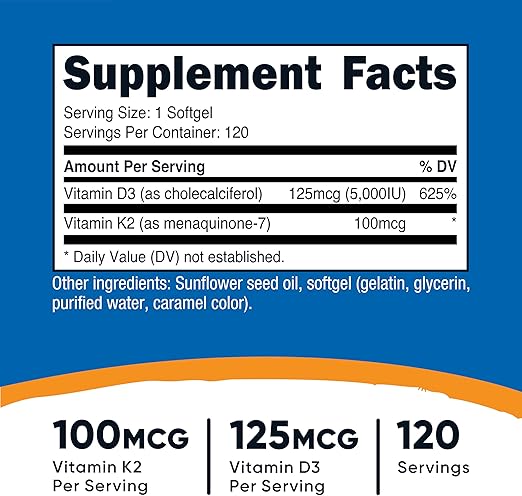 Nutricost, Vitamin K2 + Vitamin D3 - 120 Softgels | نيوتريكوست فيتامين ك2 + فيتامين د3 100 ملغ - 120 سوفت جل