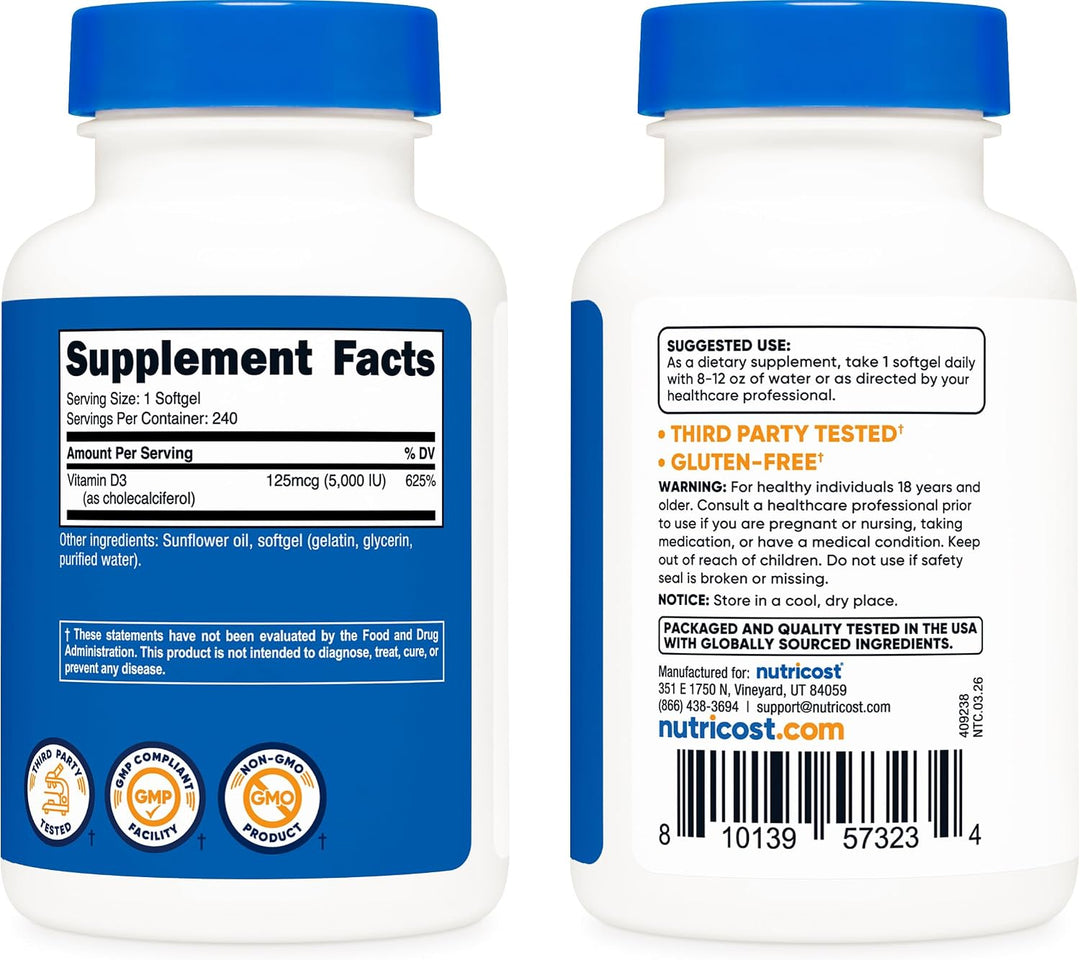 Nutricost Vitamin D3 5000 IU - 240 Softgels | نيوتريكوست فيتامين د3 5000 وحدة - 240 سوفت جل
