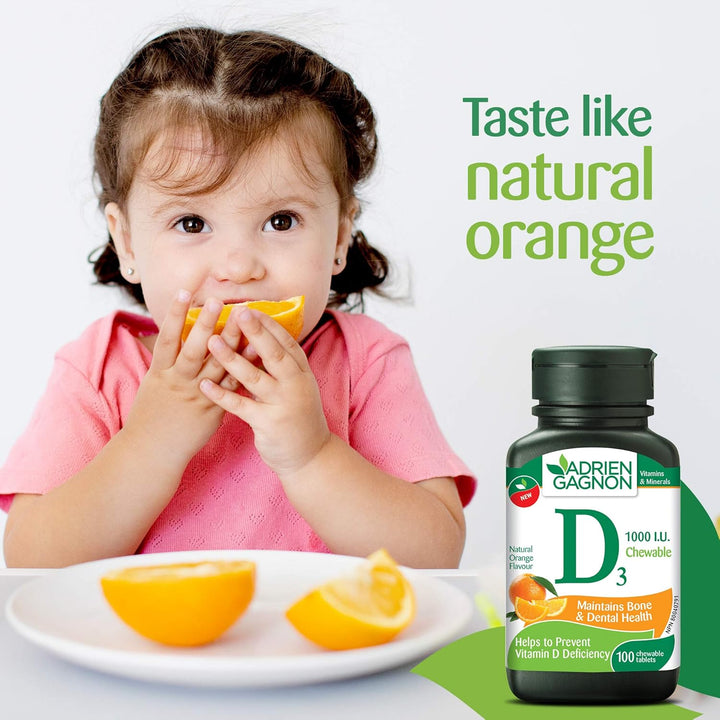 ADRIEN GAGNON D3 1000 iu Maintains Bone & Dental Health - 100 Chewable Tablets | أدريان غانيون اقراص قابلة للمضغ فيتامين دال 1000 وحدة دولية - 1000 قرص