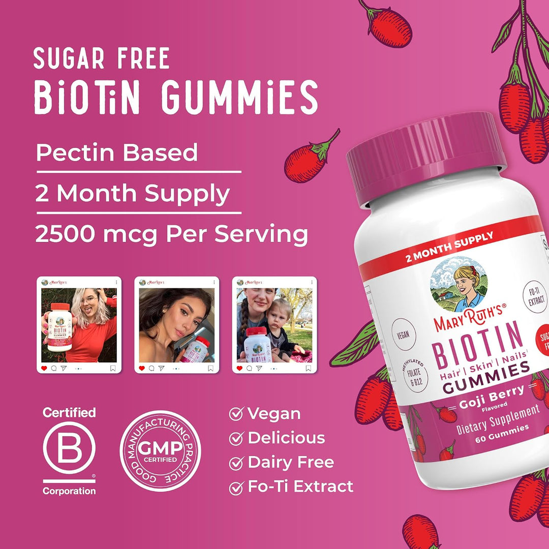 Mary Ruths Biotin Skin Nail Hair Health Gummies - 60 Gummies | ماري روث غاميز بيوتين للبالغين للعناية بصحة الشعر والاظافر - 60 غاميز