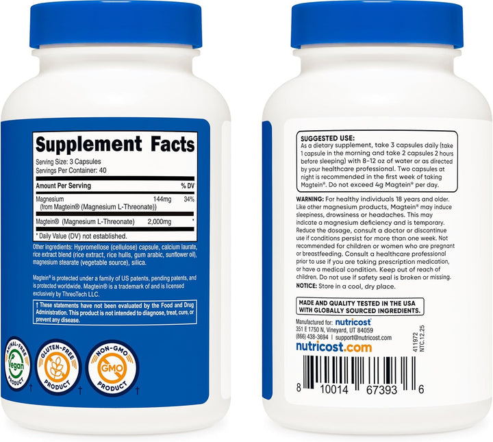 Nutricost Magnesium L-Threonate As Magtein 2000mg - 120 Capsules | نيوتريكوست مغنزيوم ل-تريونات 2000 مغ - 120 كبسولة