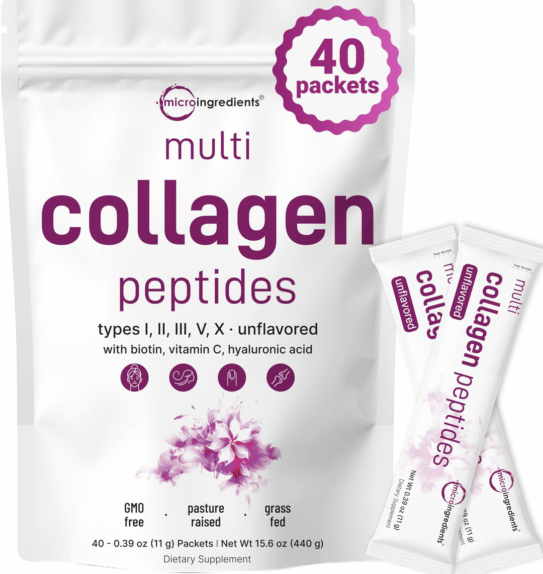 Micro Ingredients Multi Collagen Peptides Powder, 40 Stick Packs Type I, II, III, V, X + Biotin, Vitamin C Hyaluronic Acid - 440g | ببتيدات الكولاجين المتعددة من مايكرو إنجرادينتس، ٤٠ حزمة - 440غ