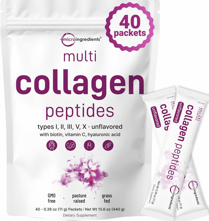 Micro Ingredients Multi Collagen Peptides Powder, 40 Stick Packs Type I, II, III, V, X + Biotin, Vitamin C Hyaluronic Acid - 440g | ببتيدات الكولاجين المتعددة من مايكرو إنجرادينتس، ٤٠ حزمة - 440غ