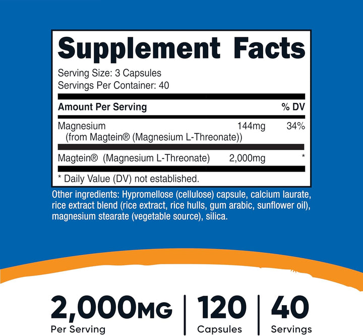 Nutricost Magnesium L-Threonate As Magtein 2000mg - 120 Capsules | نيوتريكوست مغنزيوم ل-تريونات 2000 مغ - 120 كبسولة