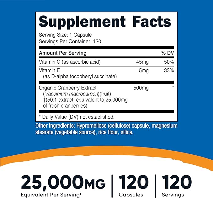 Nutricost Cranberry With Vitamins C & E 25,000Mg - 120 Capsules | نيوتريكوست كرانبيري 25000 ملغ مع فيتامينات سي و إي - 120 كبسولة