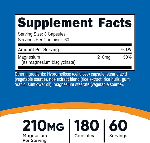Nutricost Magnesium Glycinate 210 Mg - 180 Capsules | نيوتريكوست مكمل غذائي يحتوي على مغنيسيوم غلايسينات 210 ملغ - 180 كبسولة