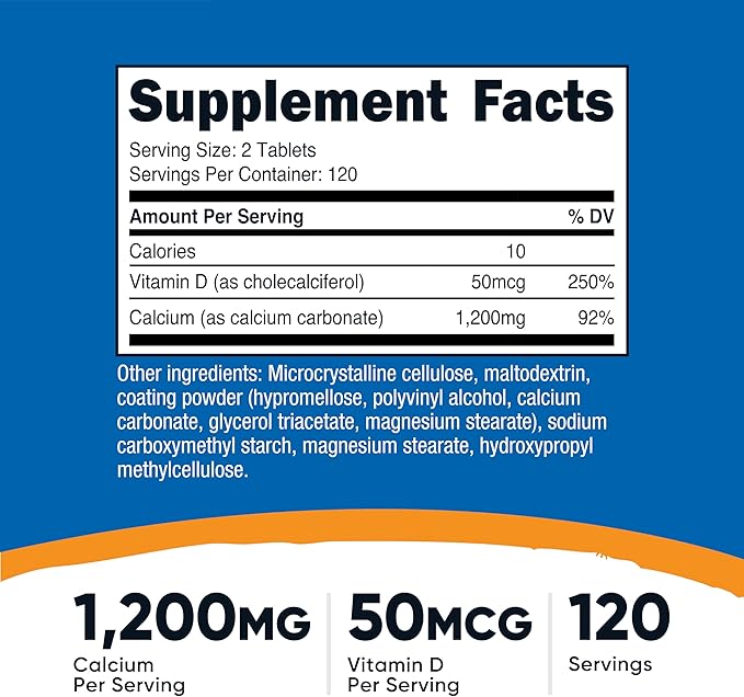 Nutricost, Calcium + Vitamin D3 1200 Mg/50 Mcg - 60 Tablets | نيوتريكوست مكمل غذائي كالسيوم مع فيتامين دال 1200مغ\50 مكغ - 60 قرص
