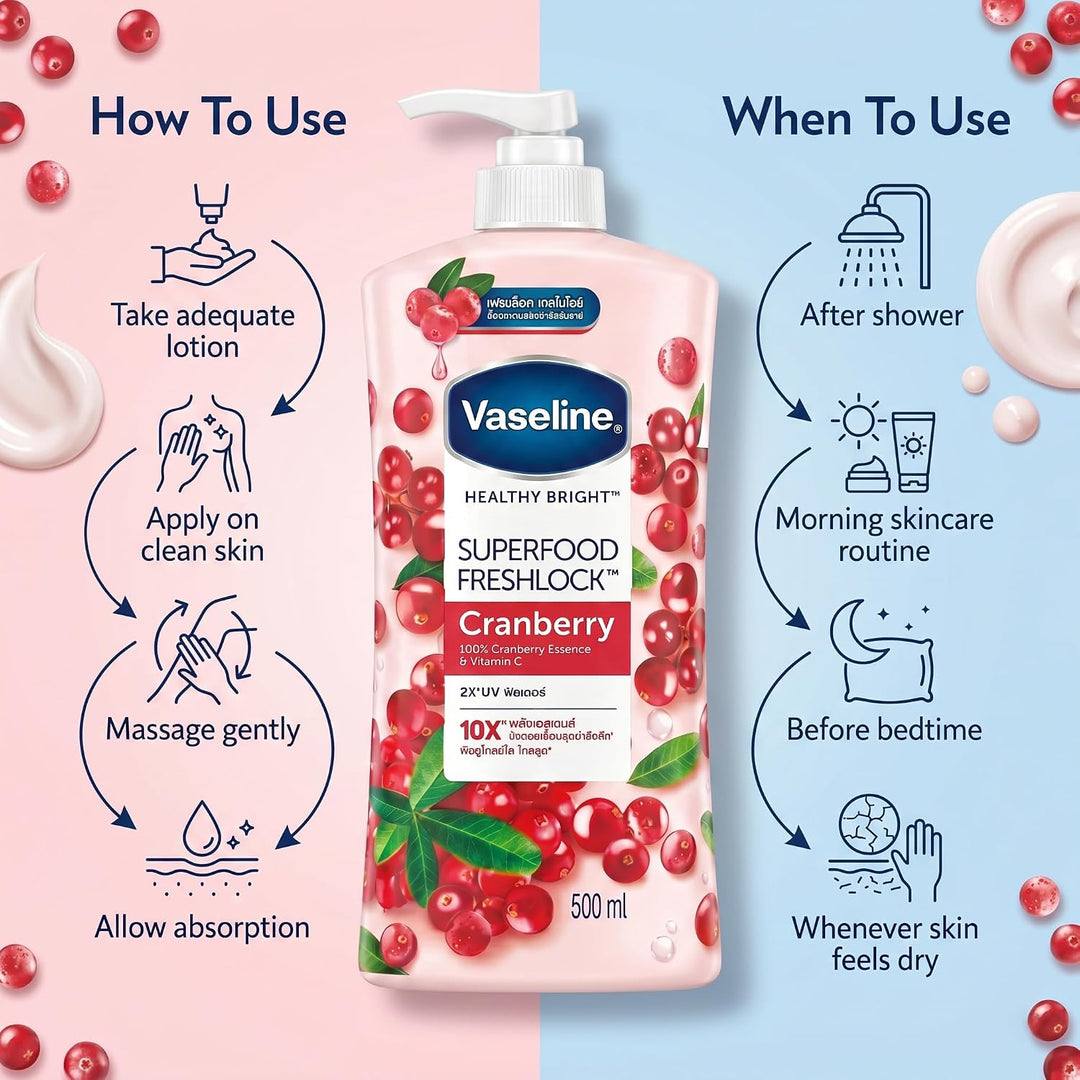 VASELINE Healthy Bright Superfood Freshlock Cranberry - 500ml| فازلين لوشن  برائحة التوت البري -500مل