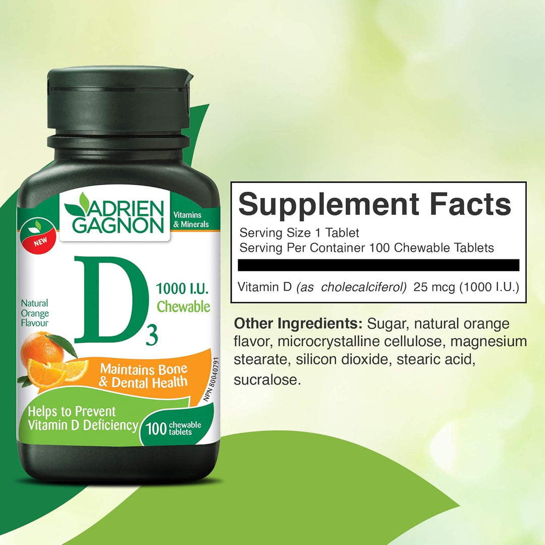ADRIEN GAGNON D3 1000 iu Maintains Bone & Dental Health - 100 Chewable Tablets | أدريان غانيون اقراص قابلة للمضغ فيتامين دال 1000 وحدة دولية - 1000 قرص