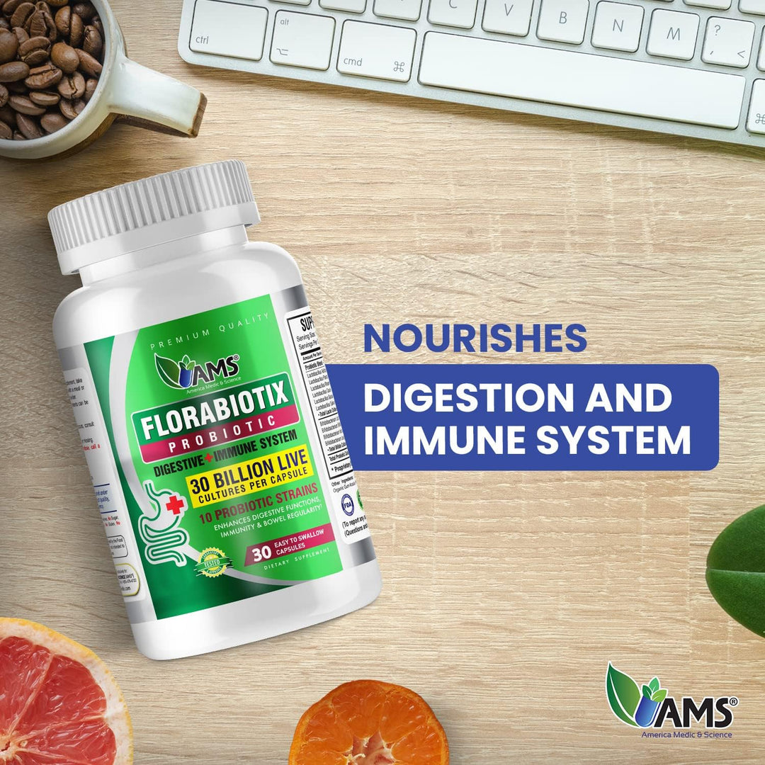 AMS  Florabiotix Probiotic 30 Billion Live Cultures 30 Capsules | إيه إم إس كبسولات بروبيوتيك لدعم الجهاز الهضمي - 30 كبسولة