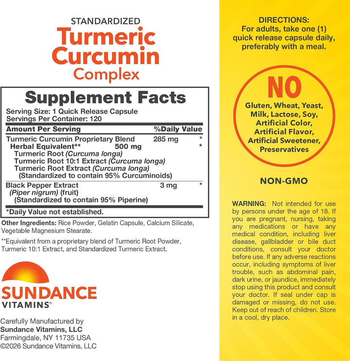 Sundance Turmeric Curcumin Complex 500mg - 120 Quick Release Capsulas - 500mg | ساندانس تركيبة الكركم والكركمين 500 ملغ - 120 كبسولة سريعة التحرر