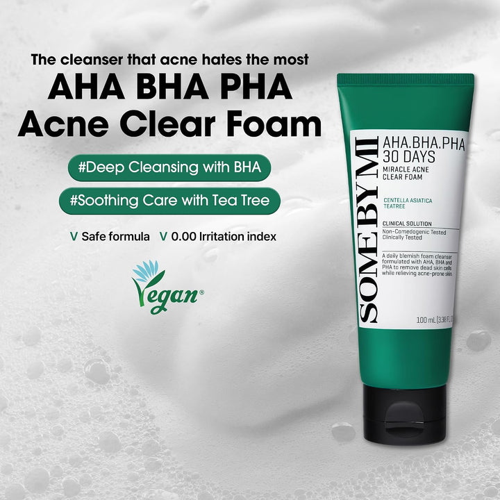 SOME BY MI AHA BHA PHA 30 Days Miracle Acne Clear Foam - 100ml |  سوم باي مي غسول AHA BHA PHA لإزالة حب الشباب من دايز ميراكل - 100 مل