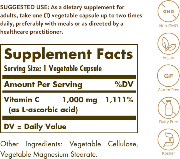 Solgar Vitamin C 1000 mg - 100 Vegetable Capsules| سولغار فيتامين سي بتركيز 1000 ملغ - 100 كبسولة نباتية