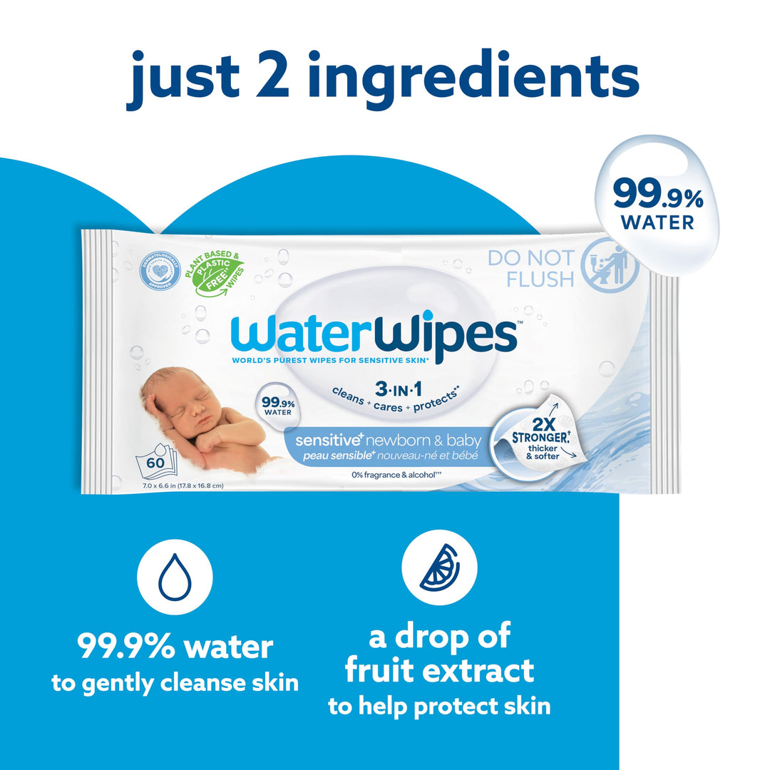 Water Wipes 3 In 1 Sensitive Newborn & Baby 2X Stronger - 60 عبوة | واتر وايبس مناديل حساسة للأطفال والرضع - 60 عبوة #1