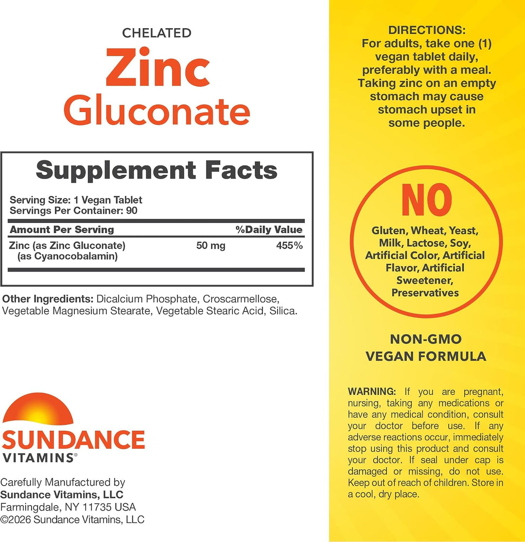 Sundance Zinc Gluconate 50 Mg - 90 Vegan Tablets | ساندانس زنك غلوكونات 50 ملغ - 90 قرص نباتي
