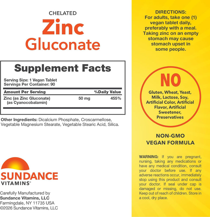Sundance Zinc Gluconate 50 Mg - 90 Vegan Tablets | ساندانس زنك غلوكونات 50 ملغ - 90 قرص نباتي