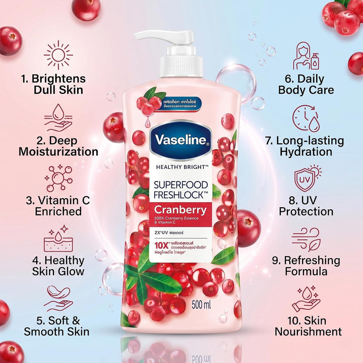 VASELINE Healthy Bright Superfood Freshlock Cranberry - 500ml| فازلين لوشن  برائحة التوت البري -500مل