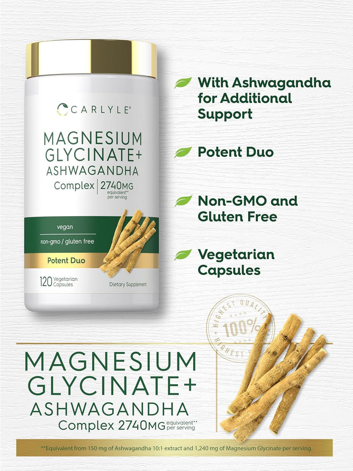 CARLYLE Magnesium Glicynate + Ashwagandha Complex 2740mg - 120 Vegetarian Capsules | كارلايل مغنيسيوم غليسينات + مركب أشواغاندا 2740 ملغ - 120 كبسولة نباتية