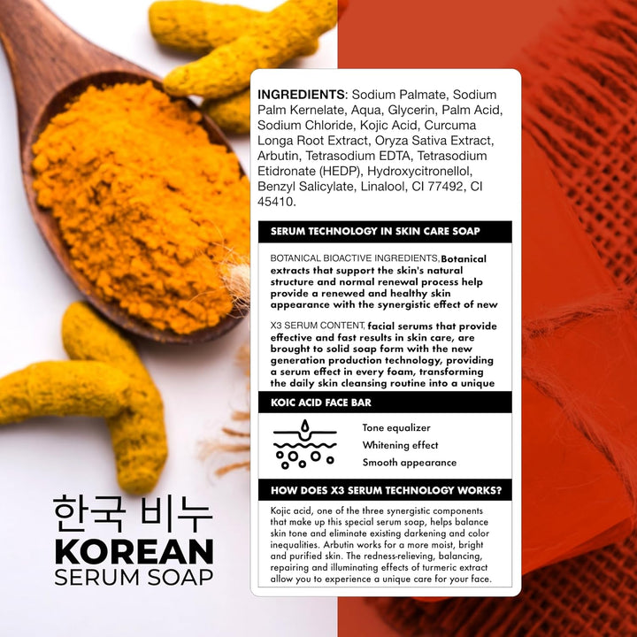 GREEN LABEL Korean Serum Soap Kojic Acid Face Bar - 3x60 gr - 60gr |جرين ليبل  صابونة سيروم كوجيك أسيد كورية للوجه – 3×60 غ (60 غ)
