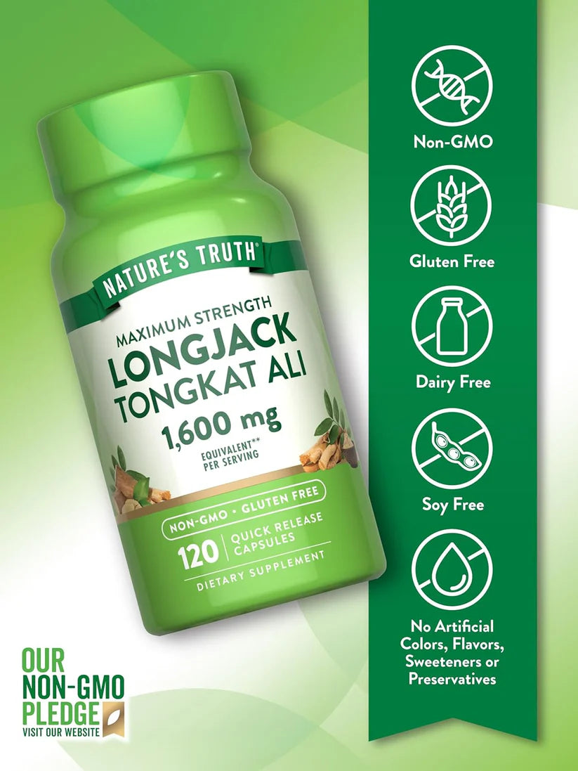Nature's Truth Longjack Tongkat Ali 1600mg - 120 Quick Release Capsules|   نيتشرس تروث لونغ جاك تونغكات علي 1600 ملغم - 120 كبسولة سريعة الإطلاق