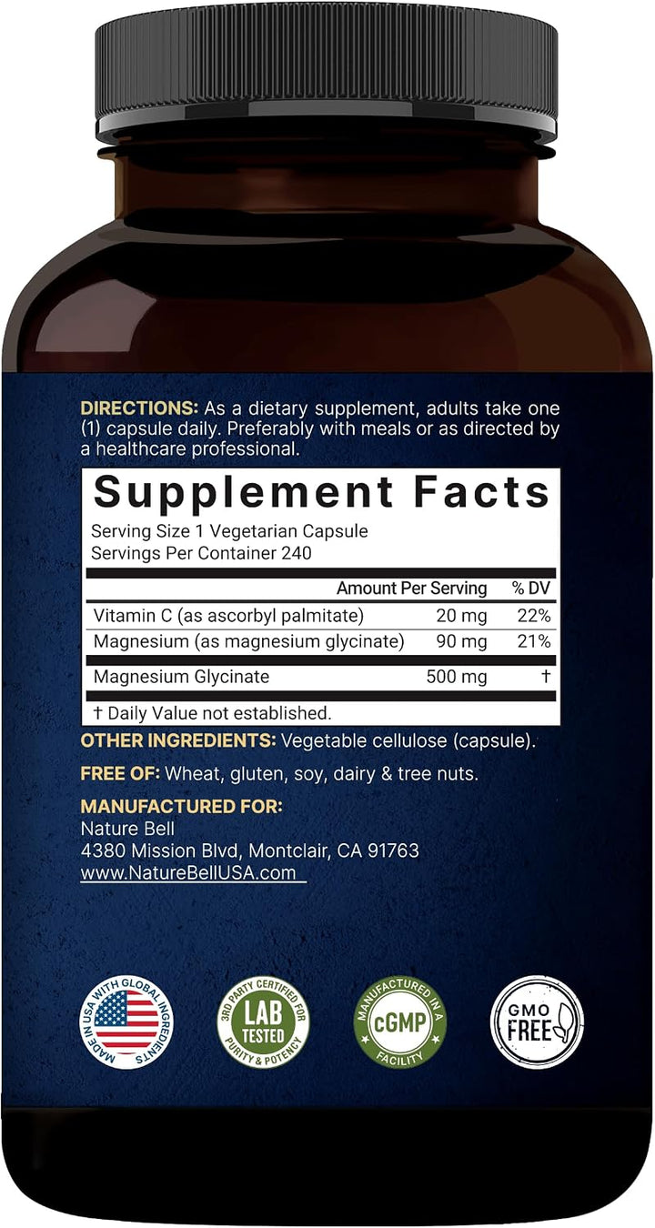 naturebell Pure Magnesium Glycinate 500mg - 240 Vegetarian Capsules | نيتشر بيل مكمل غذائي يحتوي على المغنيسيوم غليسينات 500 مغ - 240 كبسولة
