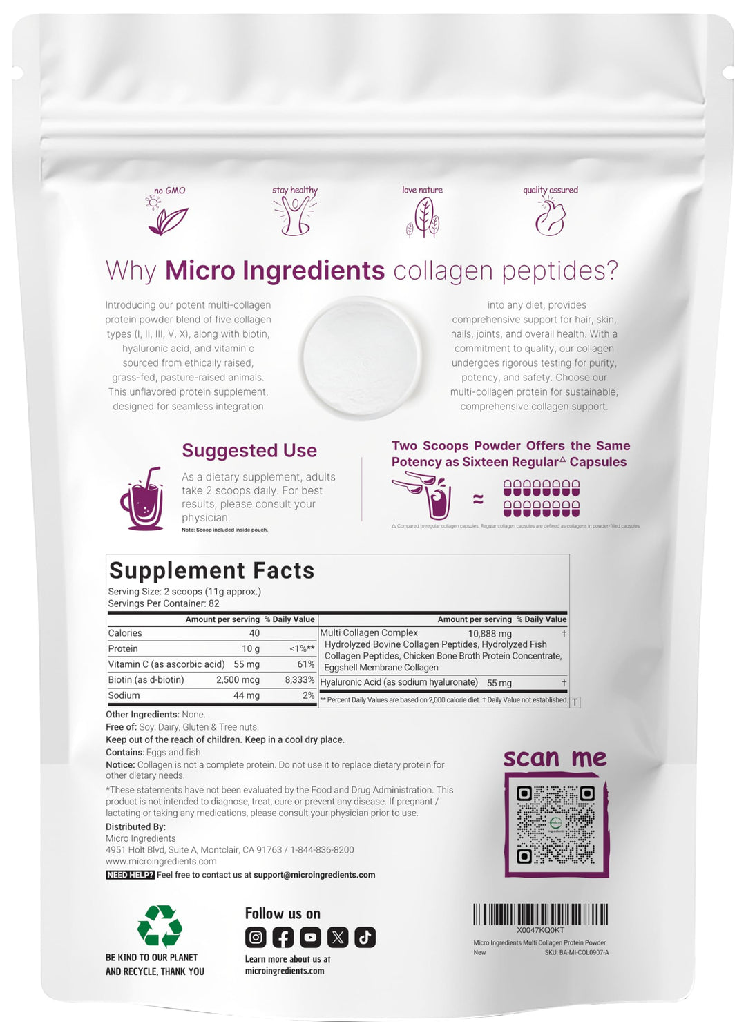 MicroIngredients Multi Collagen Peptides Powder - Hydrolyzed Protein - 454g - 454g | مايكرو إنغريدينتس ببتيدات كولاجين متعددة - 454غ #5