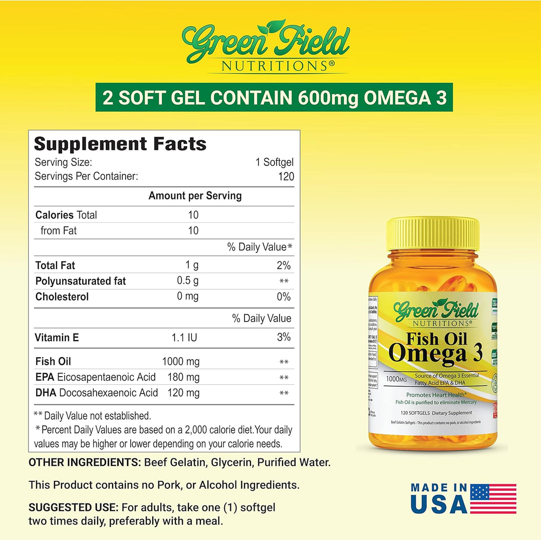 Green Field Nutritions - Fish Oil Omega 3 - 120 softgels | جرين فيلد كبسولات زيت السمك اوميغا3 - 120 كبسولة