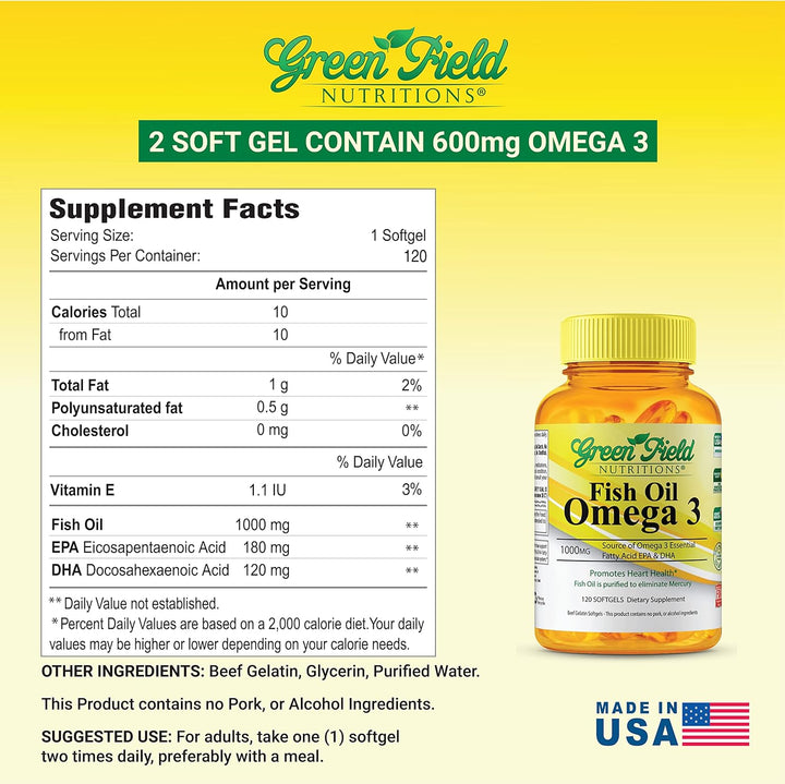 Green Field Nutritions - Fish Oil Omega 3 - 120 softgels | جرين فيلد كبسولات زيت السمك اوميغا3 - 120 كبسولة