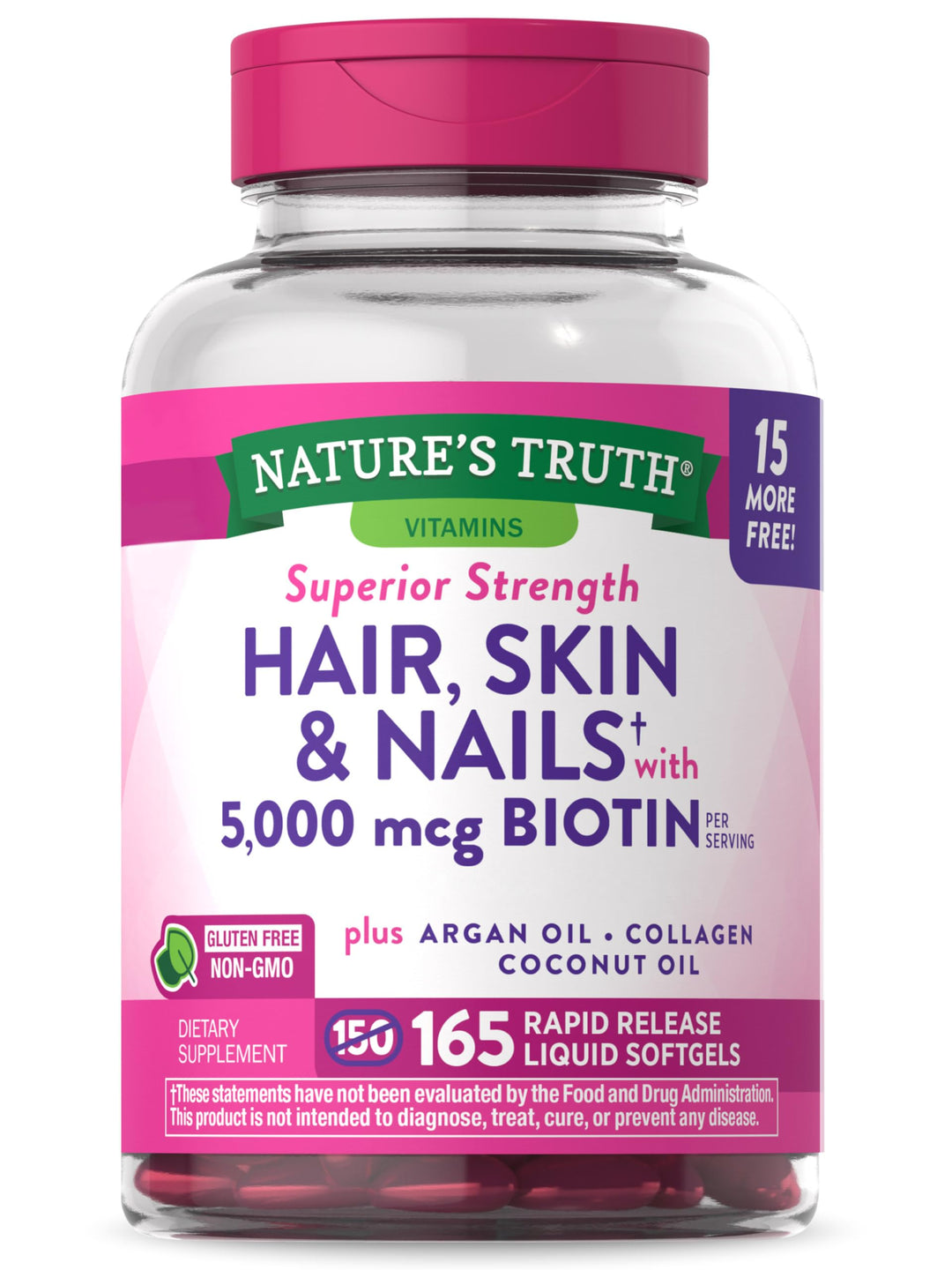 Nature's Truth Superior Strength Hair,Skin,Nails with 5000 mcg Biotin - 165 Softgels | نيتشرس تروث مكمل شعر وبشرة وأظافر 5000 ميكروغرام بيوتين - 165 كبسولة جيلاتينية طرية