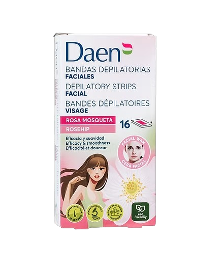 Daen Facial wax strips Rosa Mosqueta Rosehip | داين شرائح شمع للوجه بالورد البري - 16 شريحة