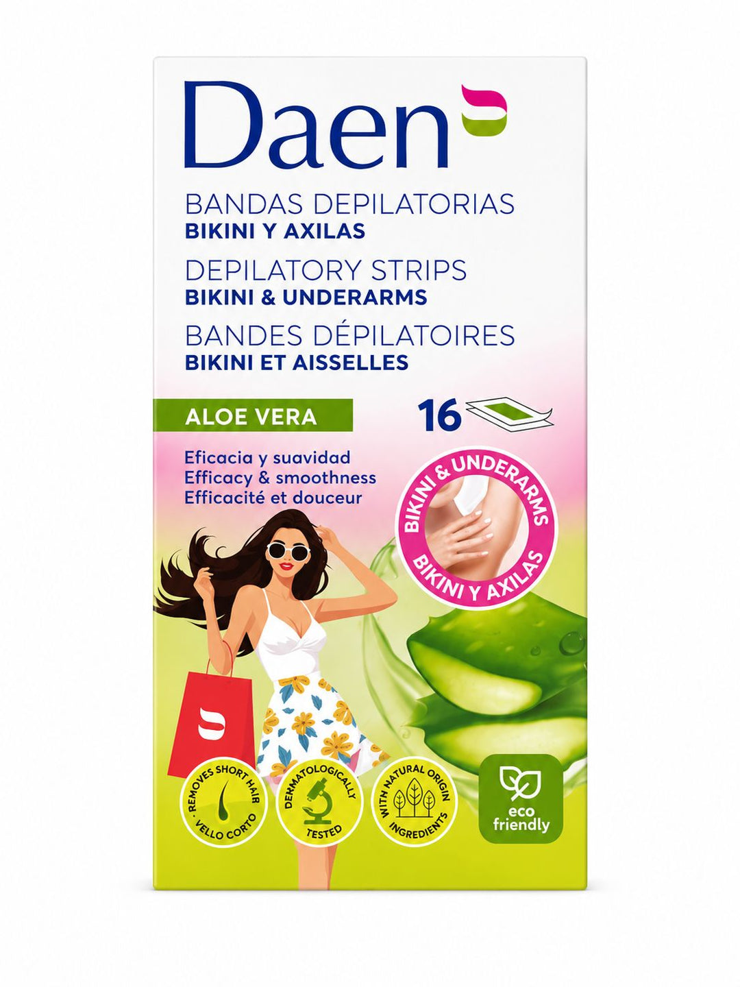 Daen Bikini wax strips Aloe Vera - 16| داين شرائح شمع باردة لمنطقة البكيني وتحت الإبط بالألوفيرا - 16 شريحة