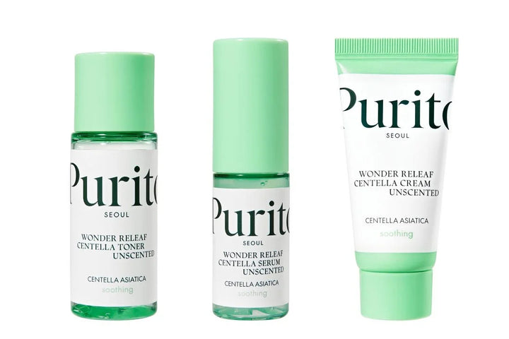 Purito Wonder Releaf Centella Mini Kit Unscented | بيوريتو مجموعة العناية بالوجه بالسينتيلا خالية من العطور حجم صغير