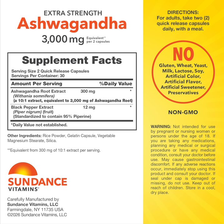 Sundance Ashwagandha Extra Strength 3000mg - 60 Quick Release CAPSULAS  | ساندانس أشواغاندا إكسترا سترينث 3000 ملغ - 60 كبسولة سريعة التحرر