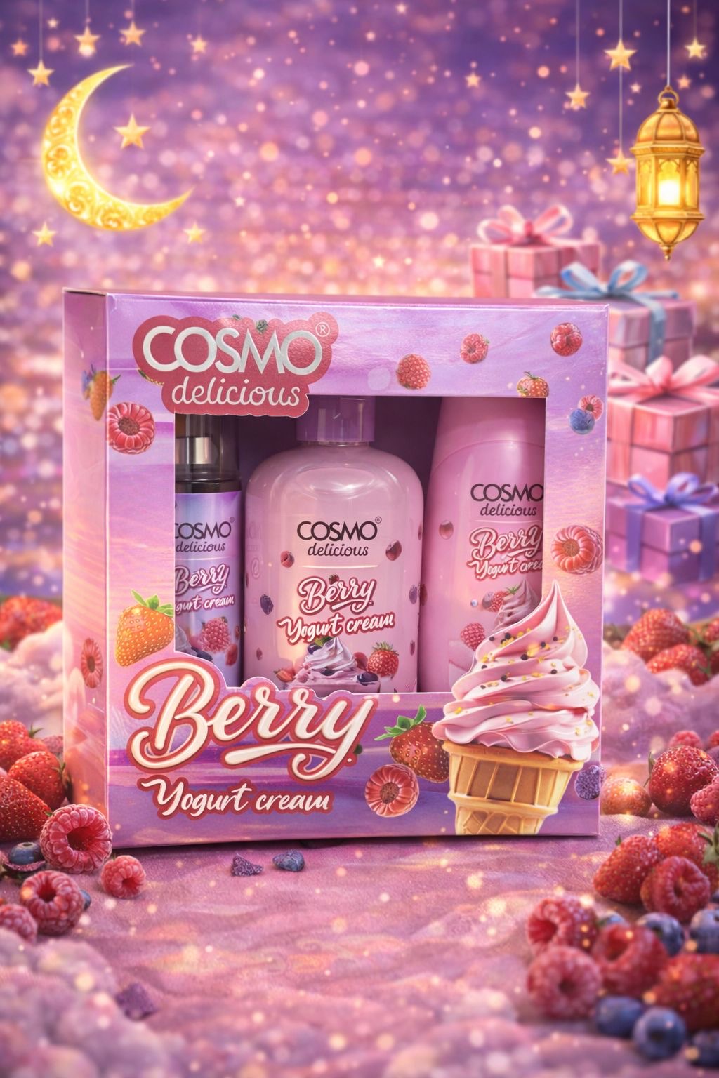 Cosmo Berry Yogurt Cream Body Mist Body Lotion Shower & Bath Gel | كوزمو مجموعة العناية بالجسم بيري يوغرت