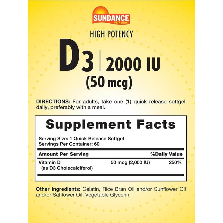 Sundance High Potency D3 2000 IU 50 Mcg - 60 Quick Release Softgels - 60 | سوندانس فيتامين د 3 2000 وحدة - 60 #3